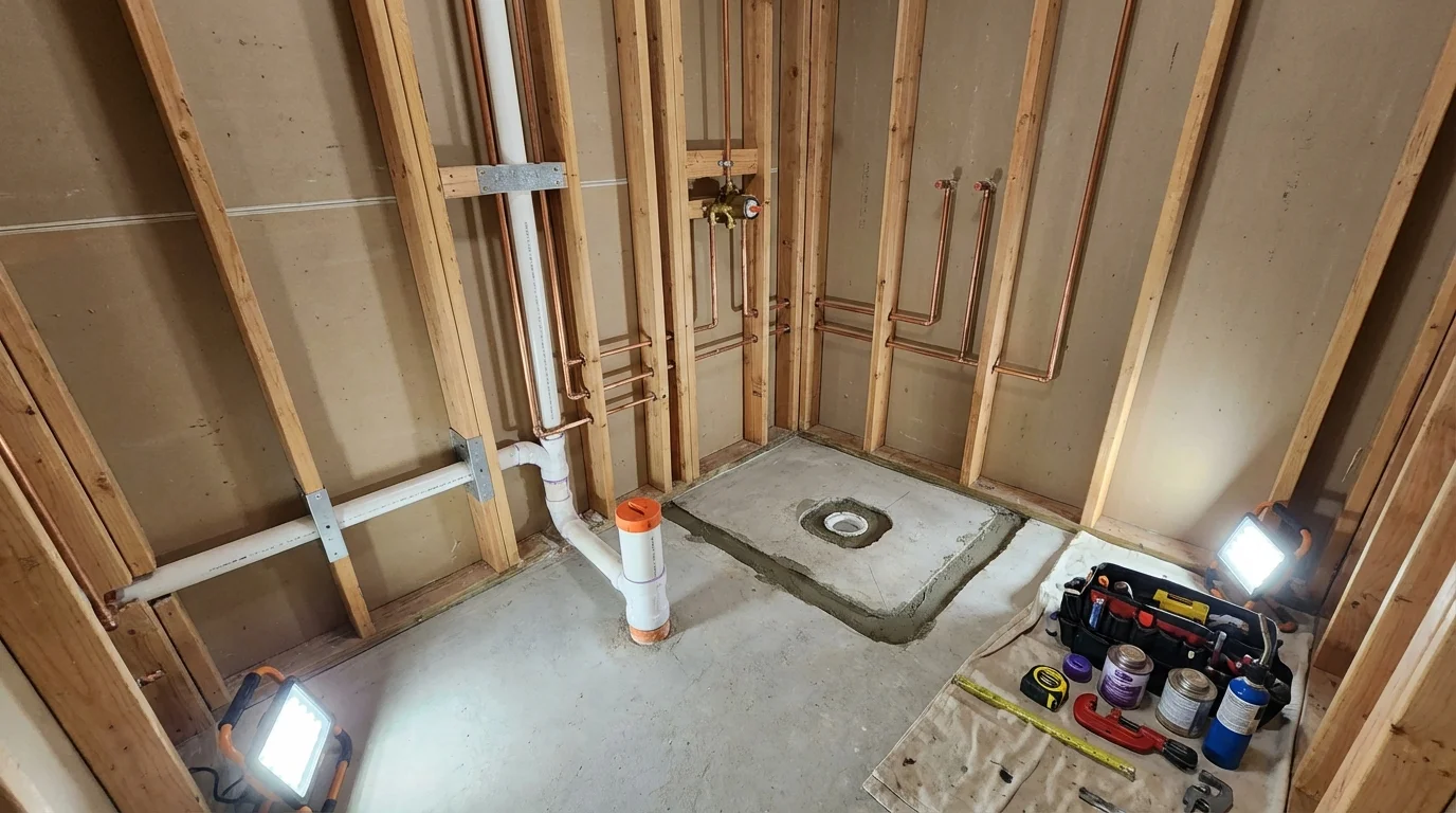 Bathroom rough-in plumbing during remodel by Johns Plumbing LLC in San Bernardino