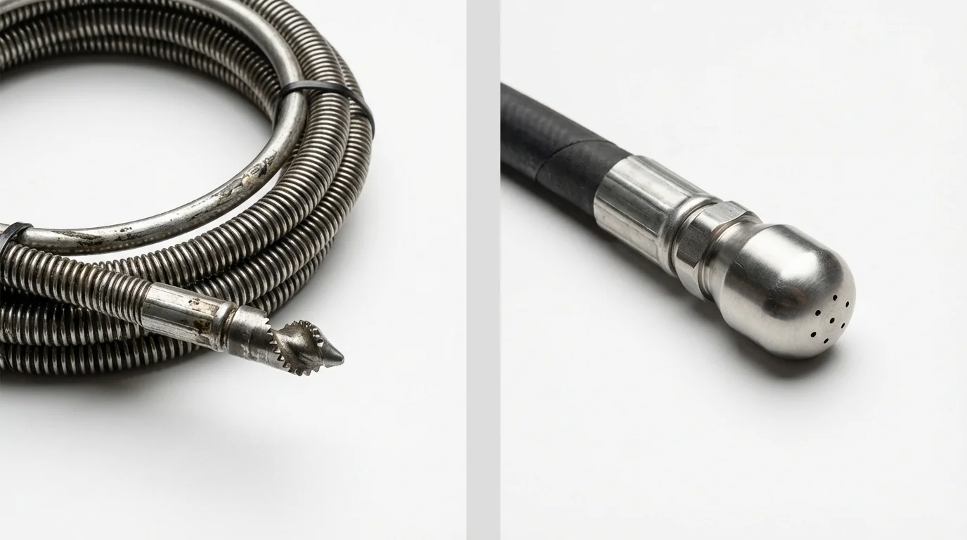 Drain snake cable and hydro jetting nozzle used for drain cleaning in San Bernardino, CA