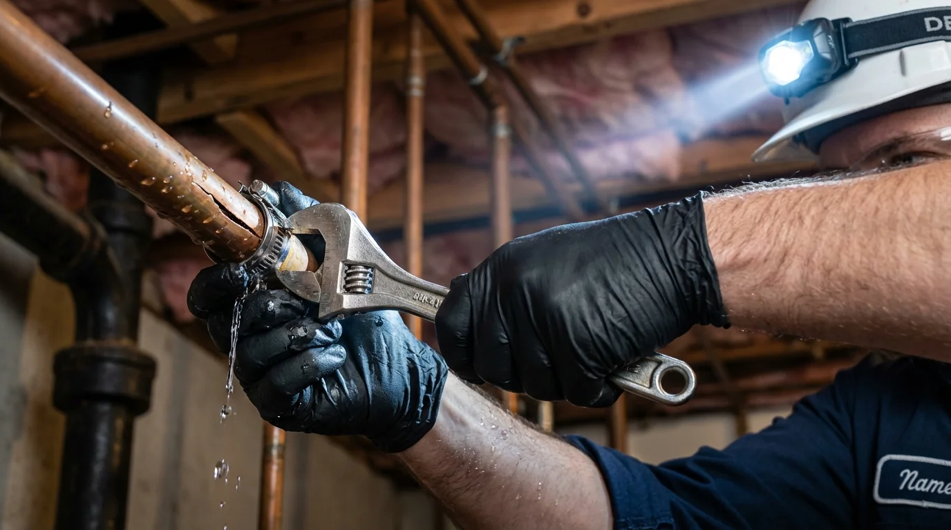 Emergency pipe clamp repair being performed by a Johns Plumbing LLC plumber in San Bernardino