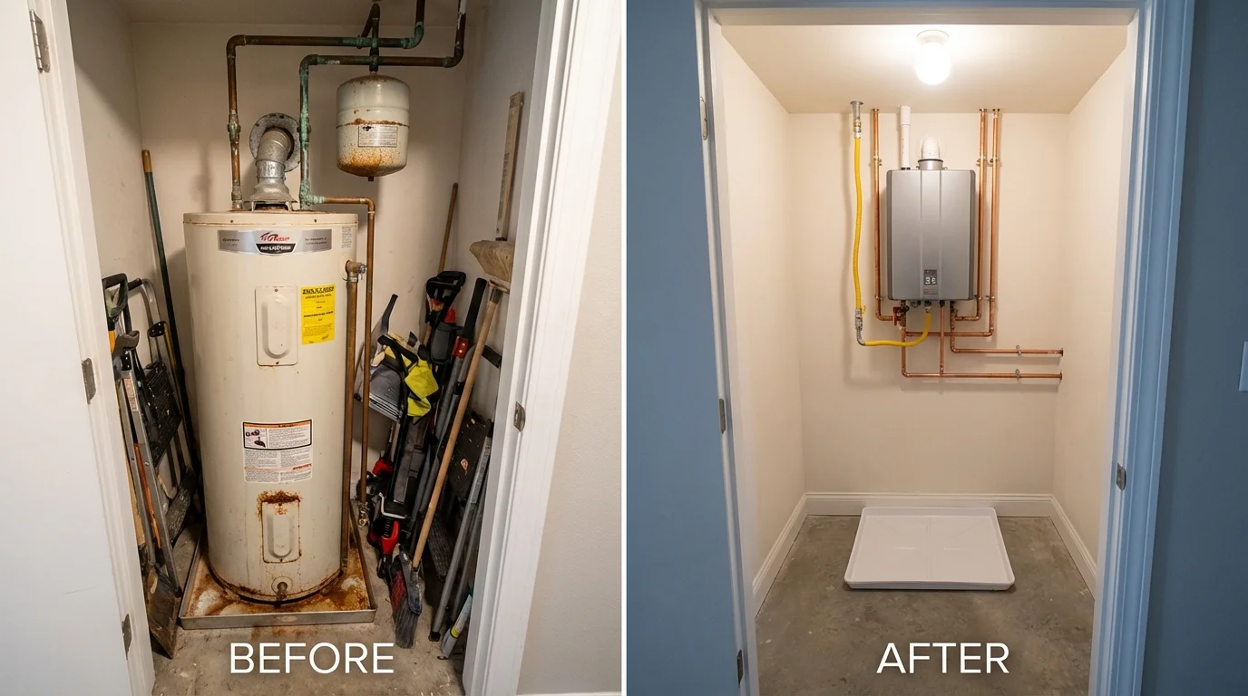 Tank water heater versus wall-mounted tankless unit comparison for San Bernardino, CA homeowners