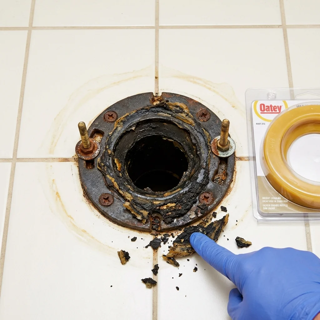 Failed wax ring showing water seepage at the base of a toilet in a San Bernardino, CA home