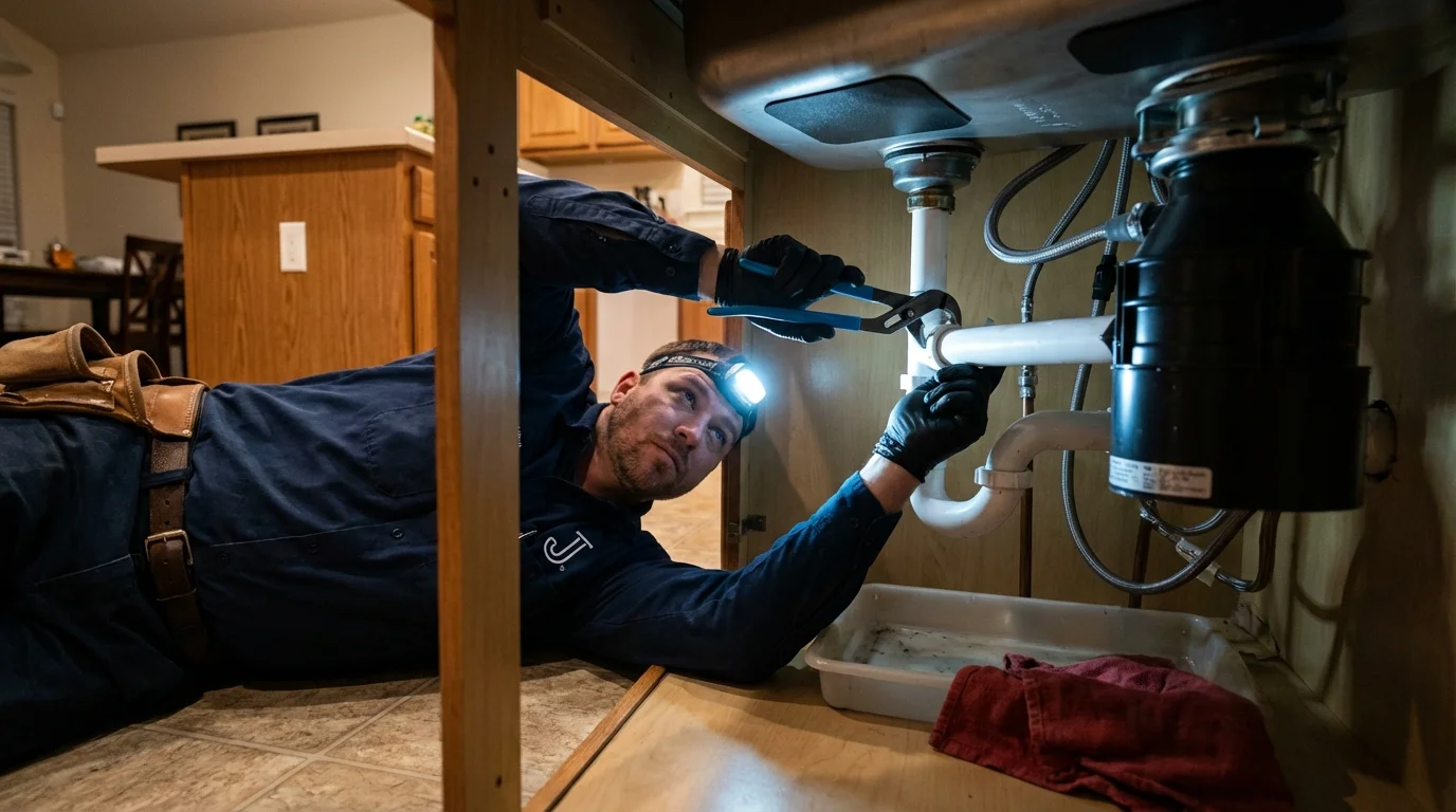 P-trap and supply line connections under a kitchen sink showing a common leak point in San Bernardino, CA